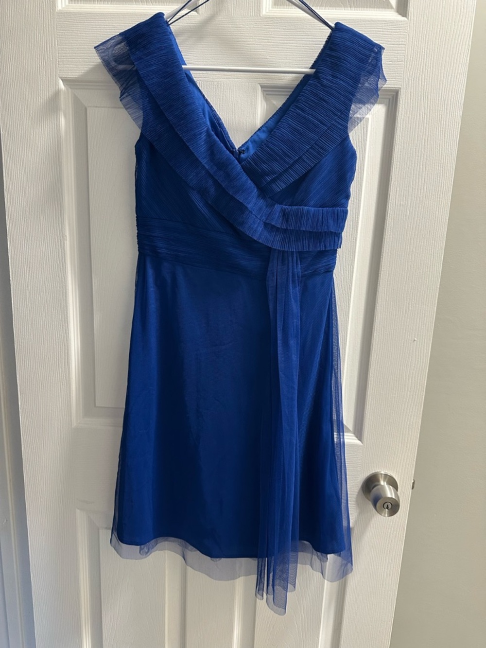 Patra Cobalt Blue V-Neck Midi Dress with Sheer Draped Overlay